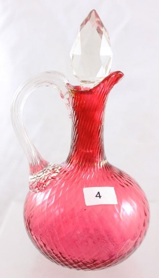 Cranberry swirl pattern 7"h cruet w/clear applied handle and stopper