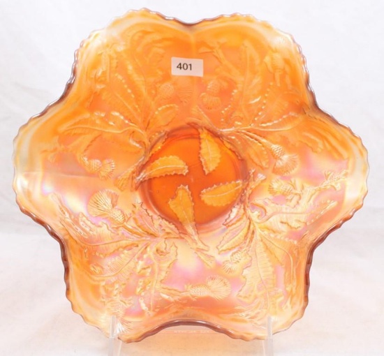 Carnival Glass Fenton Thistle 9"d ruffled edge bowl, marigold