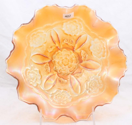 Carnival Glass Dugan Double Stem Rose 9" bowl with dome base, marigold