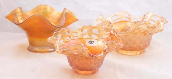 (3) Carnival Glass hat shapes, all marigold: 2-Fenton Basketweave with open edge; 1-Fenton