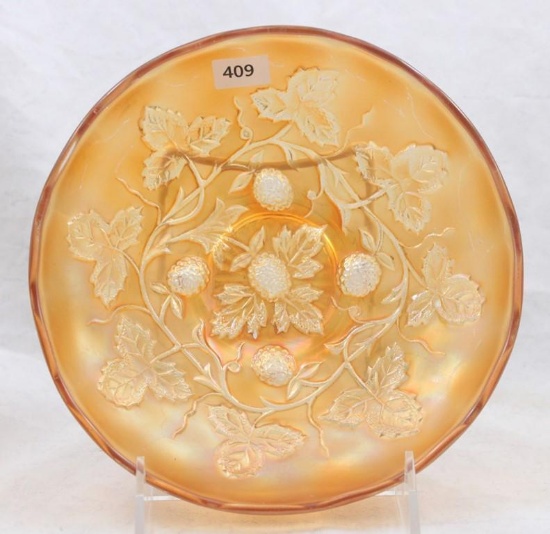 Carnival Glass Millersburg Blackberry Wreath 7" flat bowl, marigold