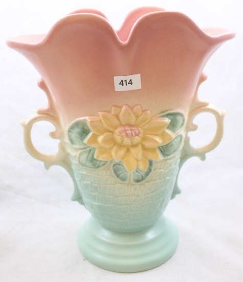 Hull Water Lily L-8-8.5" vase, pink/green