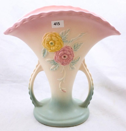 Hull Open Rose 108-8.5" fan vase, pink/ green on a cream background