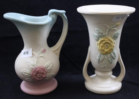 (2) Hull Open Rose pcs.: 130-4.75" vase, white; 128-4.75" pitcher, blue/pink