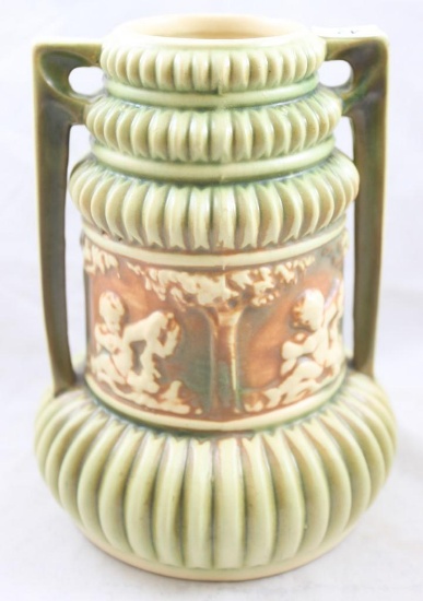 Roseville Donatello 6.25"h dbl. handled vase - Unusual shape (hairline on 1 handle)