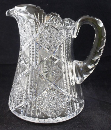 American Brilliant Cut Glass 9"h pitcher, vertical panels of Hobstars and Stars/Strawberry Diamond