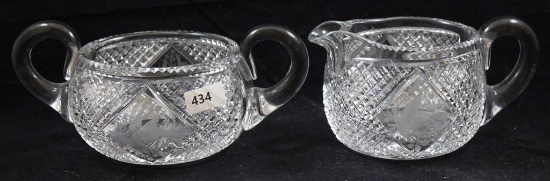 American Brilliant Cut Glass creamer and sugar, Checkered Diamond pattern with etched bird on branch
