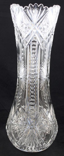 American Brilliant Cut Glass 15.5"h vase, Hobstars/Flashed star/Horizontal step cutting dominate