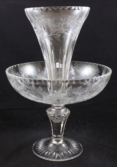 Victorian Etched Glass epergne, 14" tall, flowers and leaves design