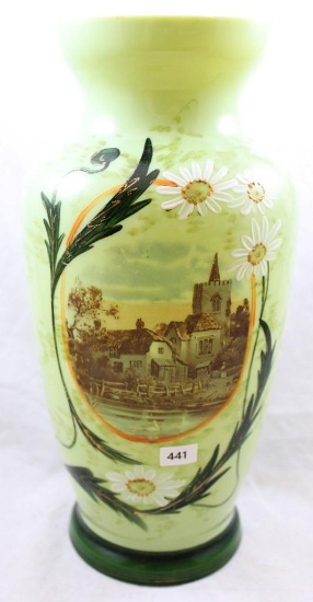 Bristol Glass 12"h scenic vase, shades of green with old church/village scene, enameled white
