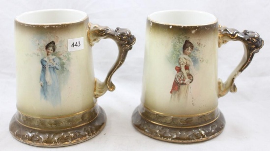 (2) Mrkd. Owen Minerva 5"h mugs with Griffin handles, each mug features portrait of lady