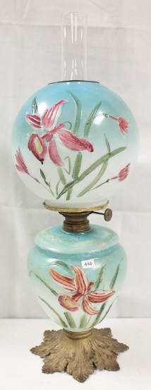 Gone with the Wind 19" tall lamp, pink embossed flowers and leaves featured on both font and globe,