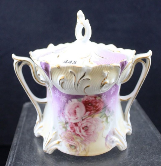 R.S. Prussia Mold 644 sugar w/lid, pink poppies with nice lavender and tan color shading, red mark