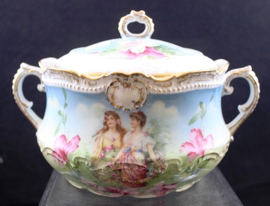 Mrkd. Bavaria "Flora" biscuit/cracker jar featuring 2 maidens surrounded by flowers