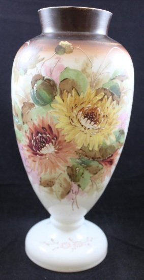 Bristol Glass 14.5"h vase, large mums on white with brown shading
