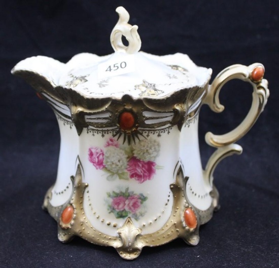 R.S. Prussia Ribbon and Jewel Mold 645 syrup w/lid, Roses and Snowballs, brownish decorated jewels,