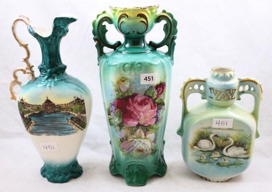 (3) Handpainted porcelain pieces: 1-Mrkd. Victoria Carlsbad Austria 8.5"h scenic ewer; 1-Mrkd.