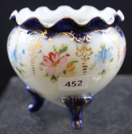 Handpainted porcelain 3"h rose bowl-shape vase, pink and blue flowers with cobalt feet and ruffled