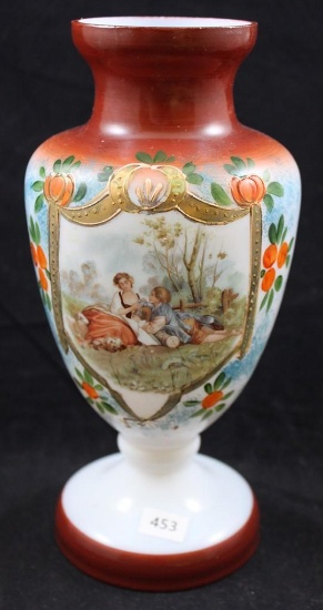 Bristol Glass 8.75"h vase, Courting Couple in garden surrounded by floral motif, rust and white