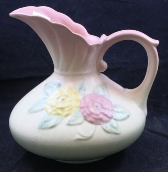 Hull Open Rose 105-7" pitcher, pink/green on a cream background