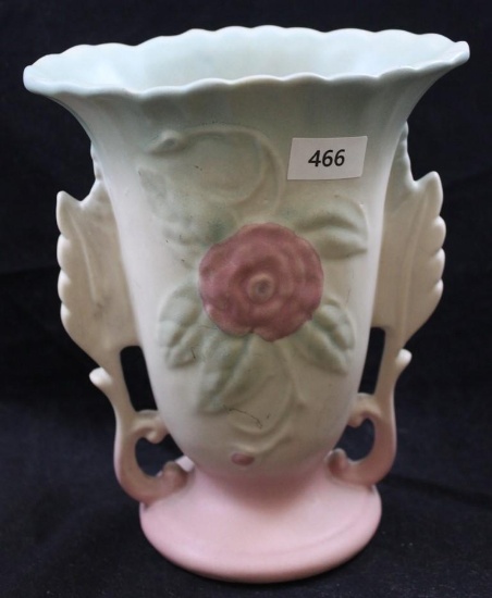 Hull Open Rose 138-6.25" vase, green/pink