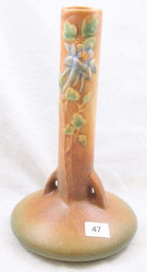 Roseville Columbine 15-7" bud vase, brown