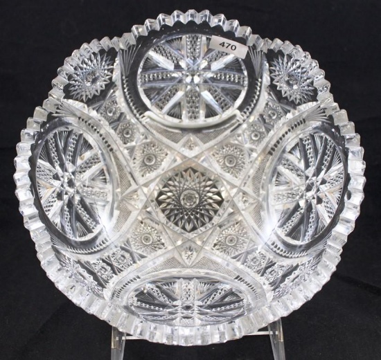 Signed Pitkin & Brooks American Brilliant Cut Glass bowl, 8"d x 3.5"h, Hobstars/Diamond/Fans create