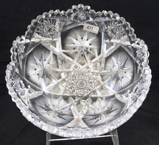 American Brilliant Cut Glass 8.25"d x 3.5"h bowl, Hobstars and Flashed Stars in geometric pattern