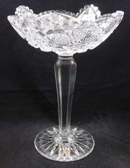 American Brilliant Cut Glass 10"h compote, Chain of Hobstars/Cane and Strawberry Diamond fields