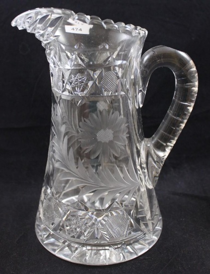American Brilliant Cut Glass 9"h pitcher, Intaglio daisies and leaves, Hobstars and Strawberry
