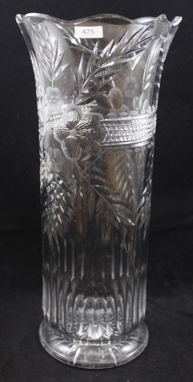 Cut Glass 11.5" tall cylinder vase with deeply etched flowers/leaves and elongated punty design