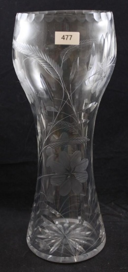 Cut Glass corset-shaped 12"h vase, Intaglio flowers/leaves