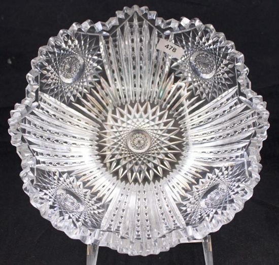 American Brilliant Cut Glass 8.25"d x 3.5"h bowl, Hobstars and sharp notched prisms dominate this