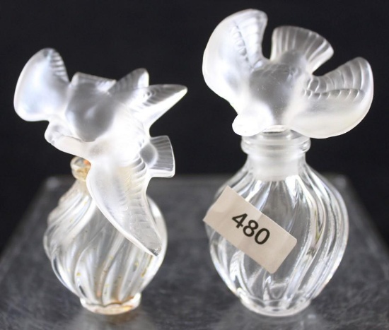 (2) Lalique perfume bottles, 1 with single bird stopper and 1 with Lovebirds stopper