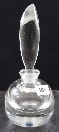 Crystal perfume bottle, paperweight-shaped bottom, 6"h to top of stopper (little roughage on