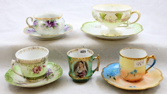 Assortment of (4) cups and saucer sets, all floral, 1-mrkd. Limoges/France + single cup mrkd. St.