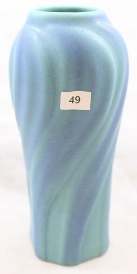 VanBriggle 7.5"h vase with embossed twisted leaves, turquoise
