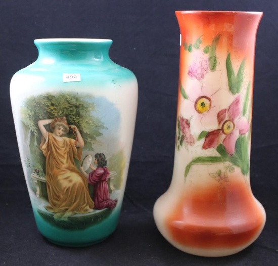 (2) Vases: 1-Bristol Glass, 11.5" tall, open blossoms/green leaves on white and rust background;