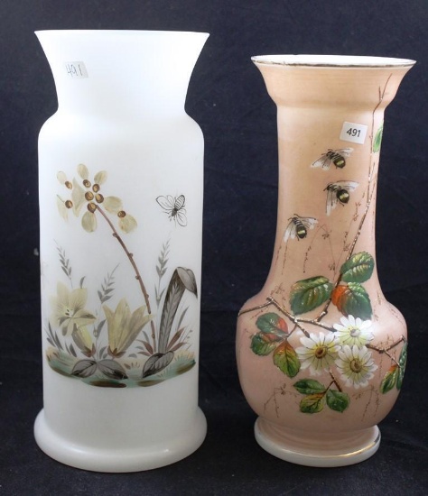 (2) Bristol Glass vases, both featuring floral motif with bees: 1-white, 12" tall; 1-salmon, 11.5"