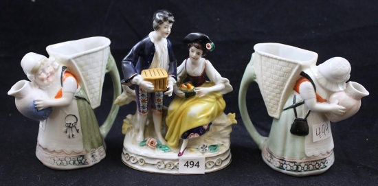 (2) 3.5"h figural pitchers and 5"h figurine of Victorian courting couple