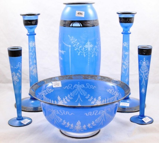 6 pcs. Etched blue glass with silver overlay incl. 10"h vase, 3.25"h flared bowl, pr. 9"h