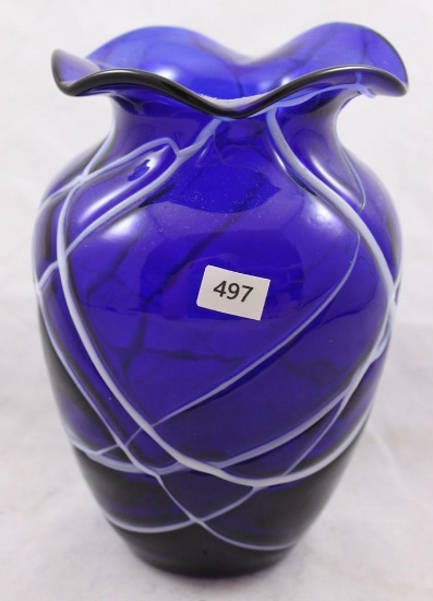 Cobalt 7.25"h vase with white threading design