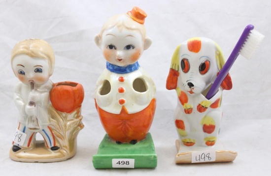 (3) Vintage novelty toothbrush holders incl. dog, Bell hop and child playing horn