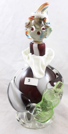 Hand-Blown Murano Glass 9.5"h decanter, clown with banjo (inside only dmg. on stopper)