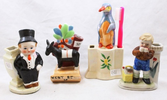 (4) Vintage novelty toothbrush holders incl. penguin, boy in top hat, Donkey and boy eating snack