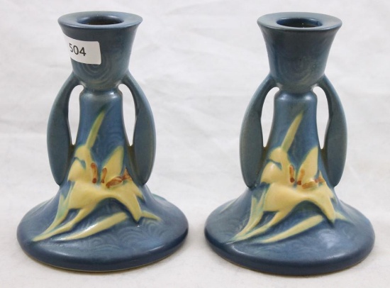 Pr. Roseville Zephyr Lily 1163-4.5" candle holders, blue