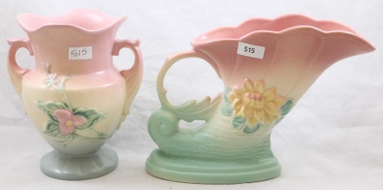 (2) Hull pcs.: Wildflower W-4-6.5" vase, pink/green; Water Lily L-7-6.5" cornucopia, pink/green