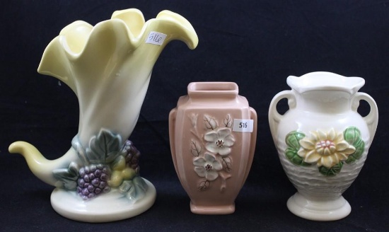 (3) Hull pcs.: Water Lily L-1-5.5" vase, white; Rosella R-1-5" vase, peach; Fiesta 49-8" cornucopia