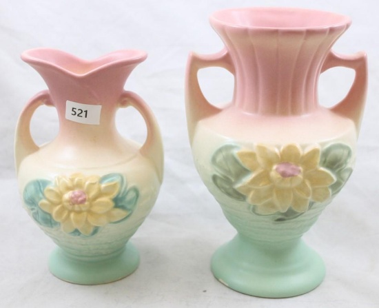 (2) Hull Water Lily pcs: L-5-6.5" vase, pink/green (chip on the bottom); L-2-5.5" vase, pink/green