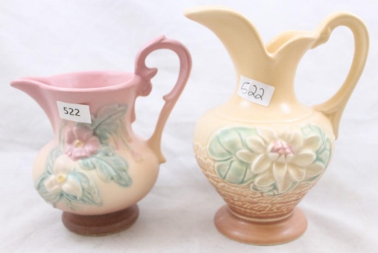 (2) Hull pcs.: Water Lily L-3-5.5" vase, orange; Wildflower 73-4.75" creamer, pink
